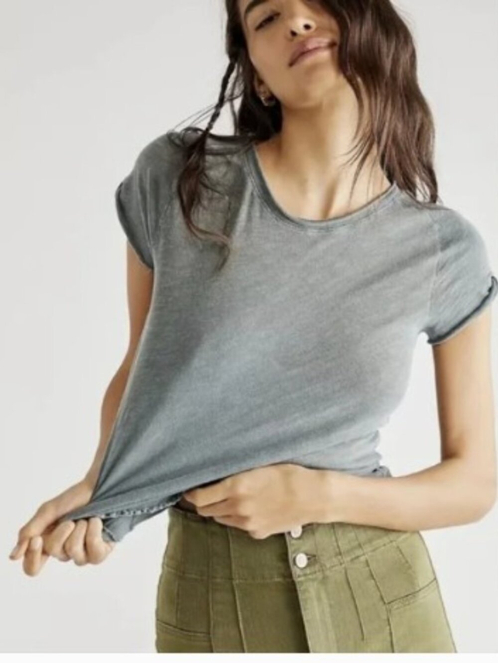 We The Free Be My Baby Scalloped Edge T-Shirt in Dusty Blue S NWOT